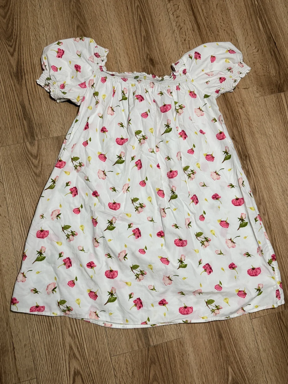 J. Crew White Floral Smocked Square-Neck Chemise with Pink Rose Print